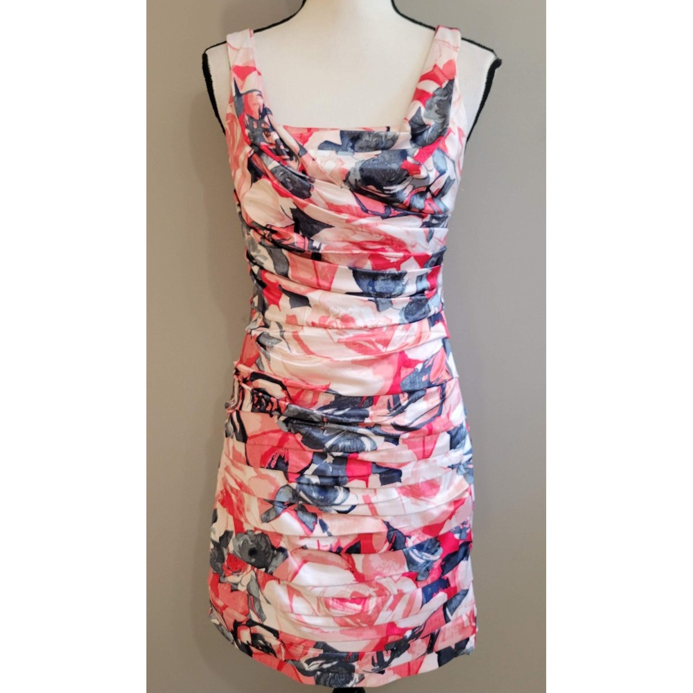 Express Pink White Navy Floral Ruched Mini Dress